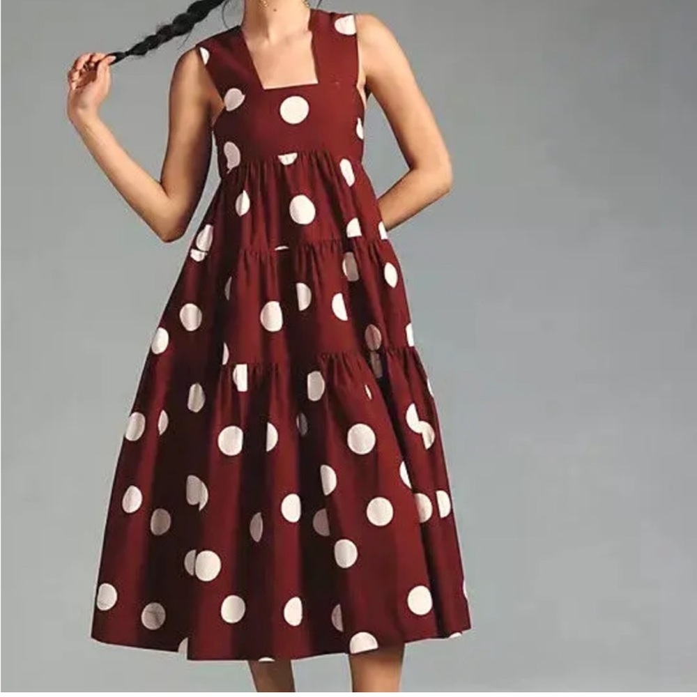 NWT Anthropologie Helena Babydoll Swing Brown Polka Dot Dress